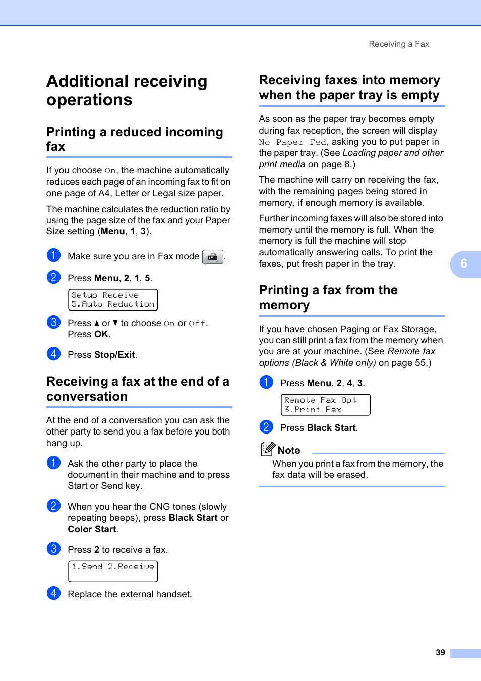 Additional receiving operations, Printing a reduced incoming fax, Receiving a fax at the end of a conversation | Printing a fax from the memory | Brother MFC-5490CN User Manual | Page 53 / 182