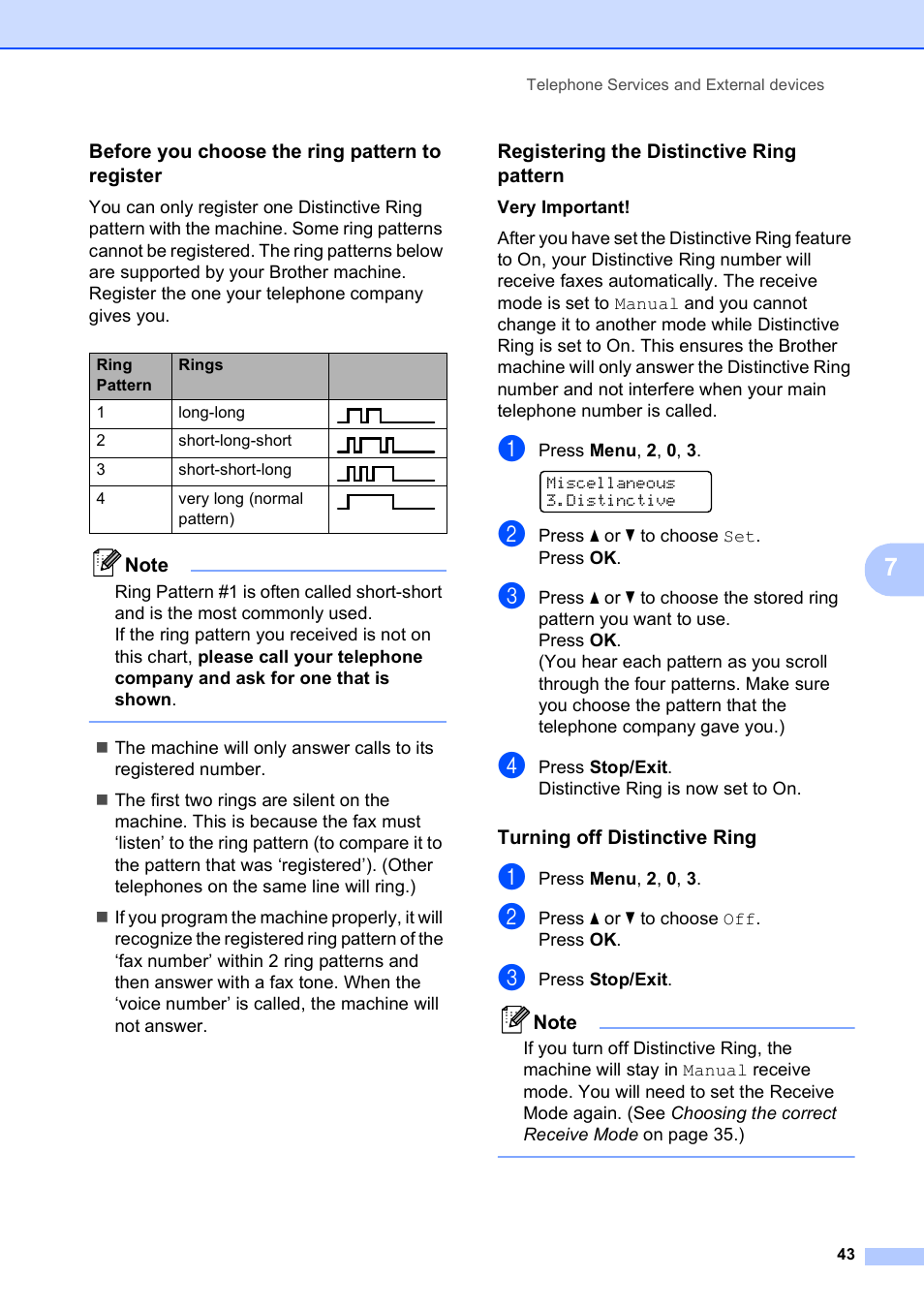 Before you choose the ring pattern to register, Registering the distinctive ring pattern, Turning off distinctive ring | Brother MFC-5490CN User Manual | Page 57 / 182