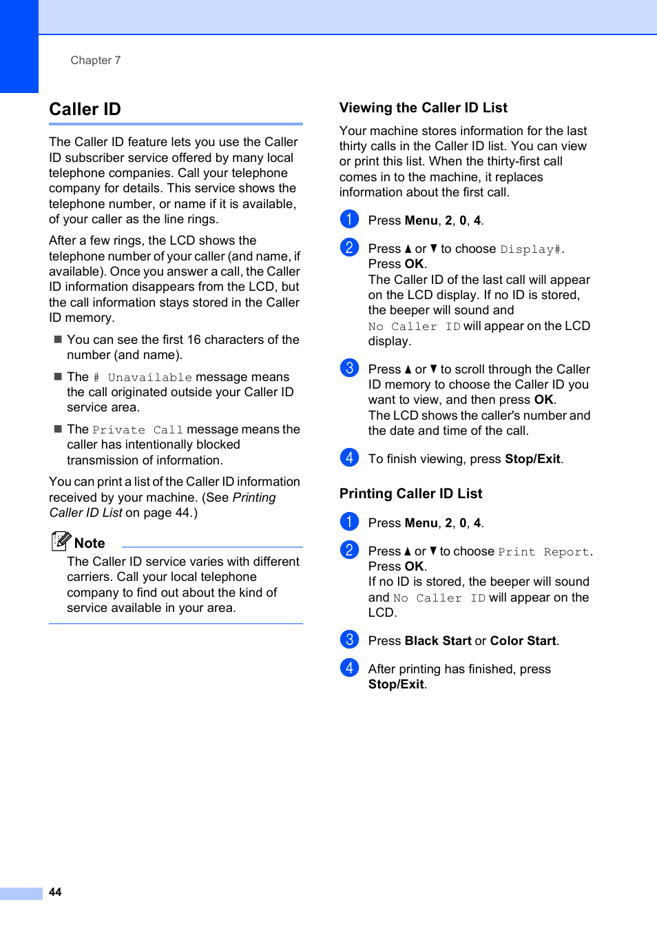 Caller id, Viewing the caller id list, Printing caller id list | Brother MFC-5490CN User Manual | Page 58 / 182