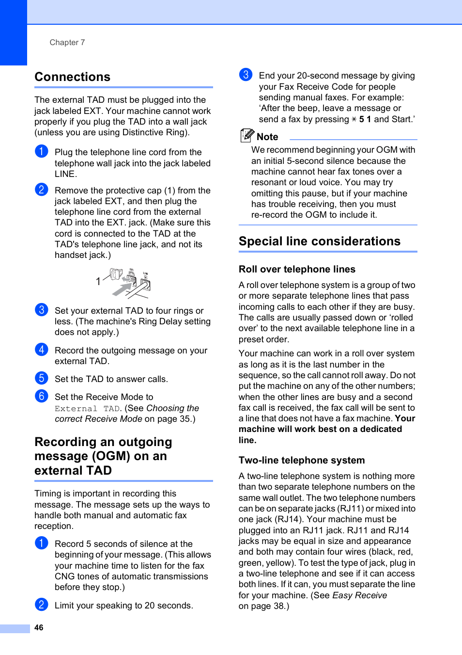 Connections, Special line considerations, Roll over telephone lines | Two-line telephone system | Brother MFC-5490CN User Manual | Page 60 / 182