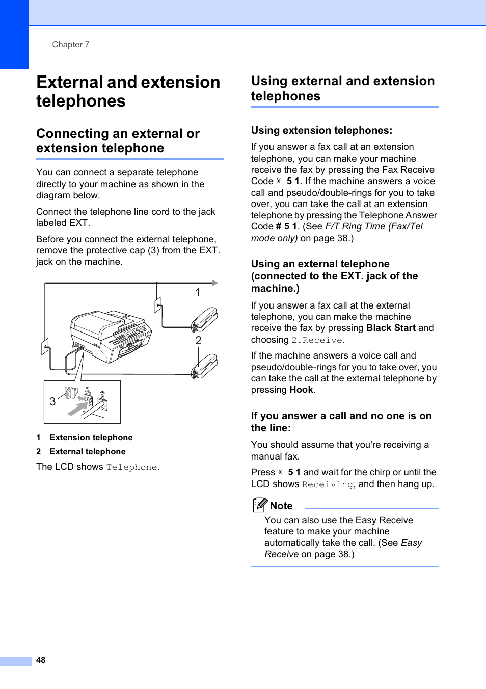 External and extension telephones, Connecting an external or extension telephone, Using external and extension telephones | Using extension telephones, If you answer a call and no one is on the line | Brother MFC-5490CN User Manual | Page 62 / 182