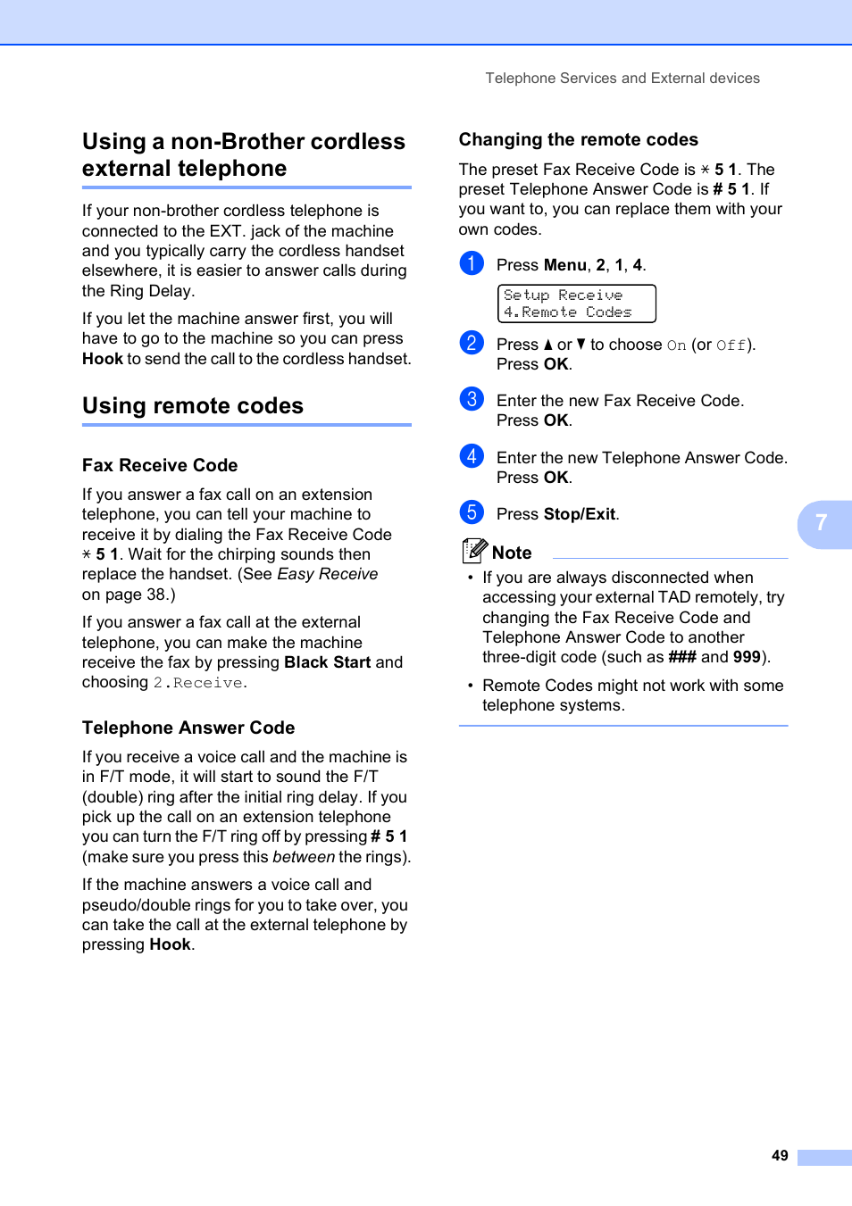 Using a non-brother cordless external telephone, Using remote codes, Fax receive code | Telephone answer code, Changing the remote codes, 7using a non-brother cordless external telephone | Brother MFC-5490CN User Manual | Page 63 / 182