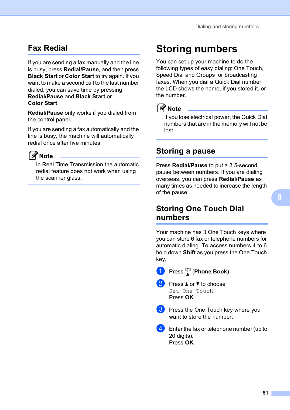 Fax redial, Storing numbers, Storing a pause | Storing one touch dial numbers, Storing a pause storing one touch dial numbers, 8fax redial | Brother MFC-5490CN User Manual | Page 65 / 182