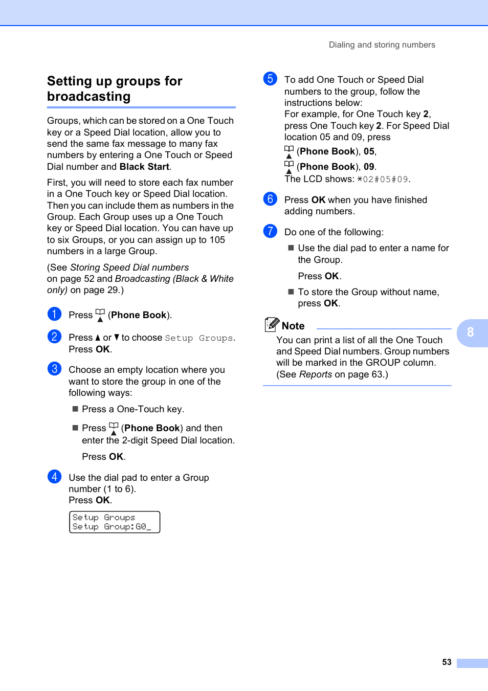 Setting up groups for broadcasting, 8setting up groups for broadcasting | Brother MFC-5490CN User Manual | Page 67 / 182