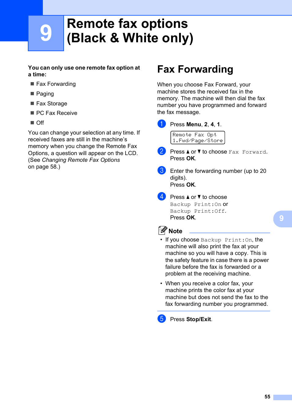 9 remote fax options (black & white only), Fax forwarding, Remote fax options (black & white only) | Brother MFC-5490CN User Manual | Page 69 / 182