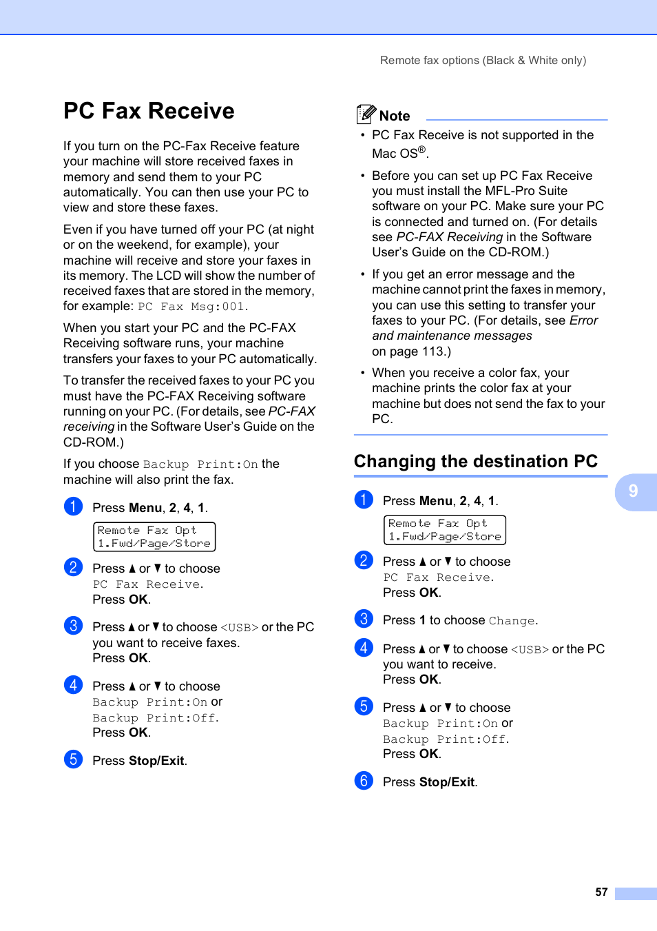 Pc fax receive, Changing the destination pc | Brother MFC-5490CN User Manual | Page 71 / 182