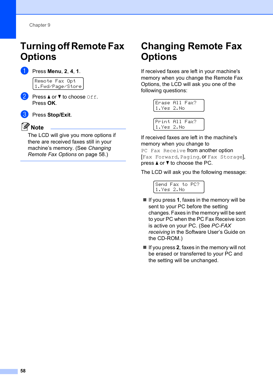 Turning off remote fax options, Changing remote fax options | Brother MFC-5490CN User Manual | Page 72 / 182