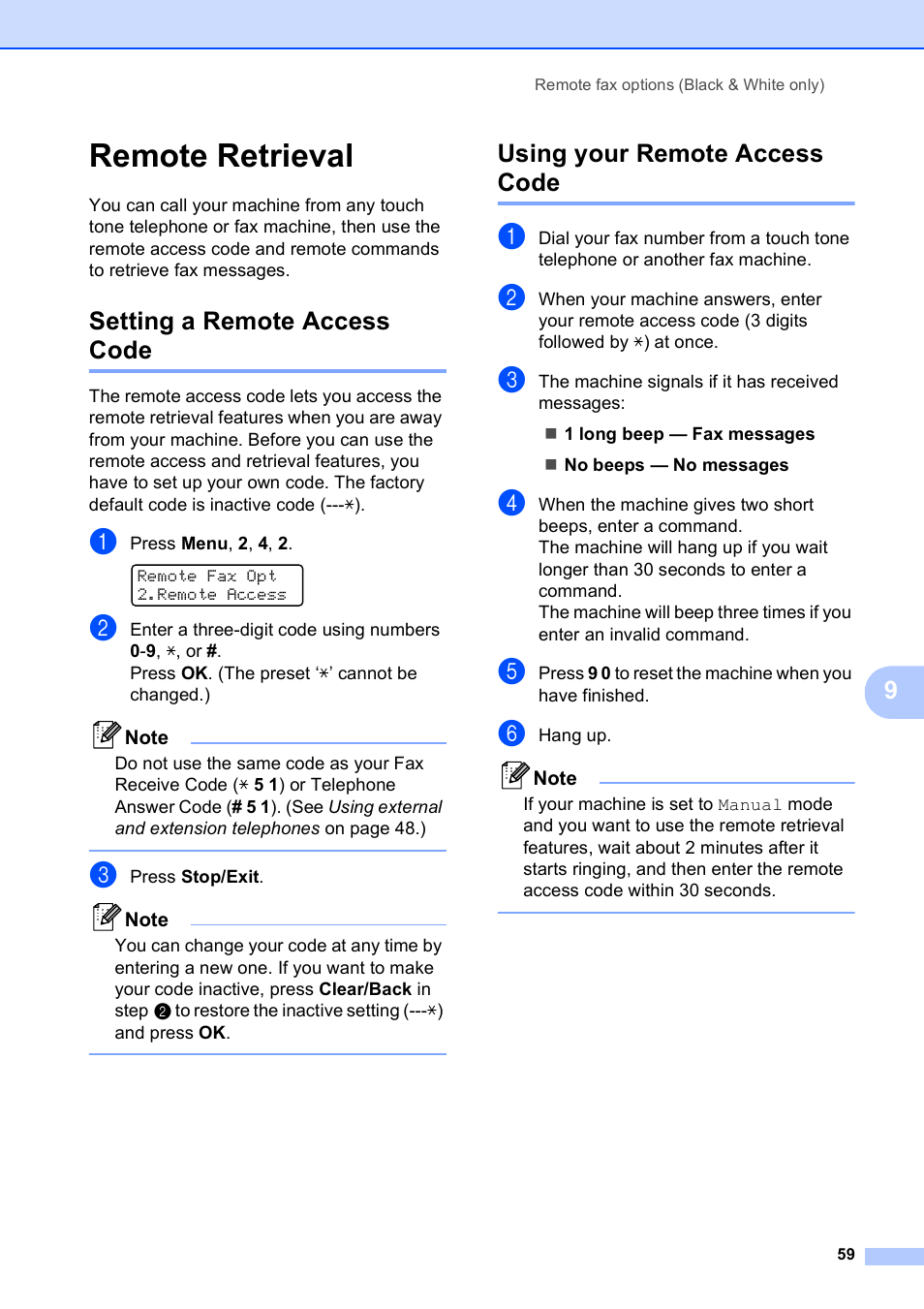 Remote retrieval, Setting a remote access code, Using your remote access code | Brother MFC-5490CN User Manual | Page 73 / 182