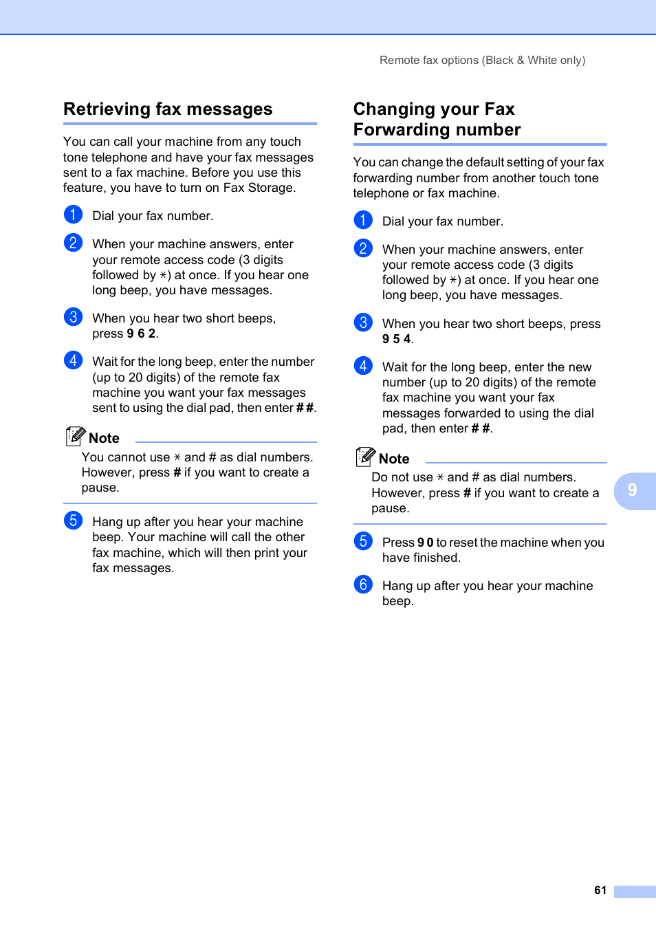 Retrieving fax messages, Changing your fax forwarding number, 9retrieving fax messages | Brother MFC-5490CN User Manual | Page 75 / 182