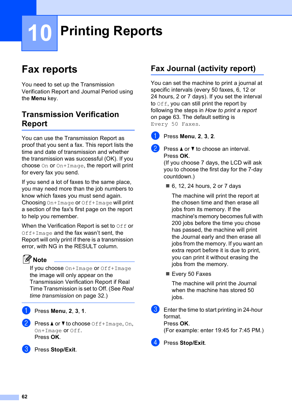 10 printing reports, Fax reports, Transmission verification report | Fax journal (activity report), Printing reports | Brother MFC-5490CN User Manual | Page 76 / 182