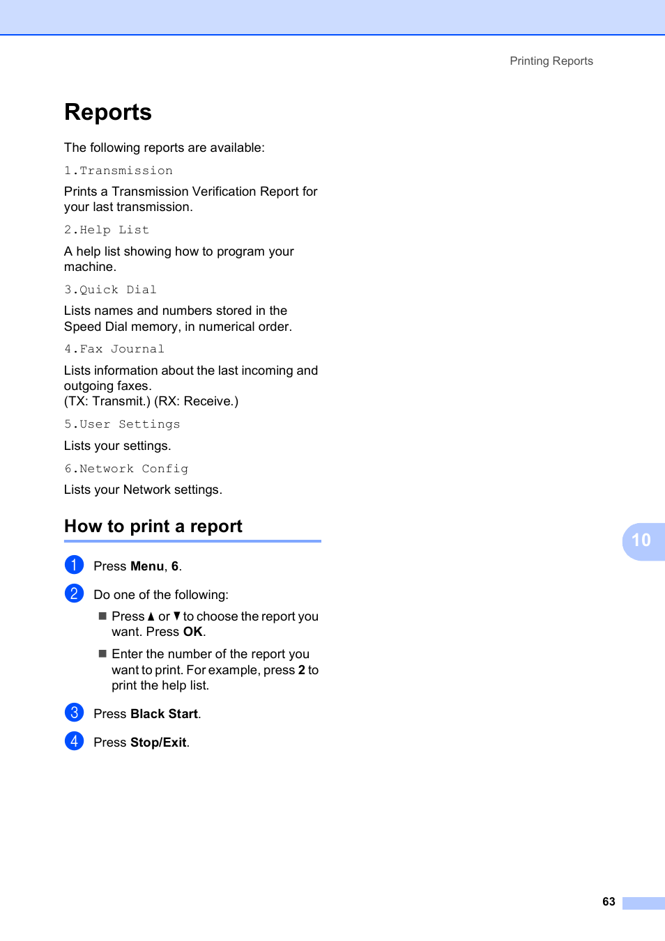 Reports, How to print a report | Brother MFC-5490CN User Manual | Page 77 / 182