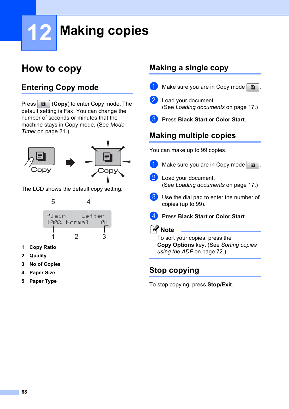 12 making copies, How to copy, Entering copy mode | Making a single copy, Making multiple copies, Stop copying, Making copies | Brother MFC-5490CN User Manual | Page 82 / 182