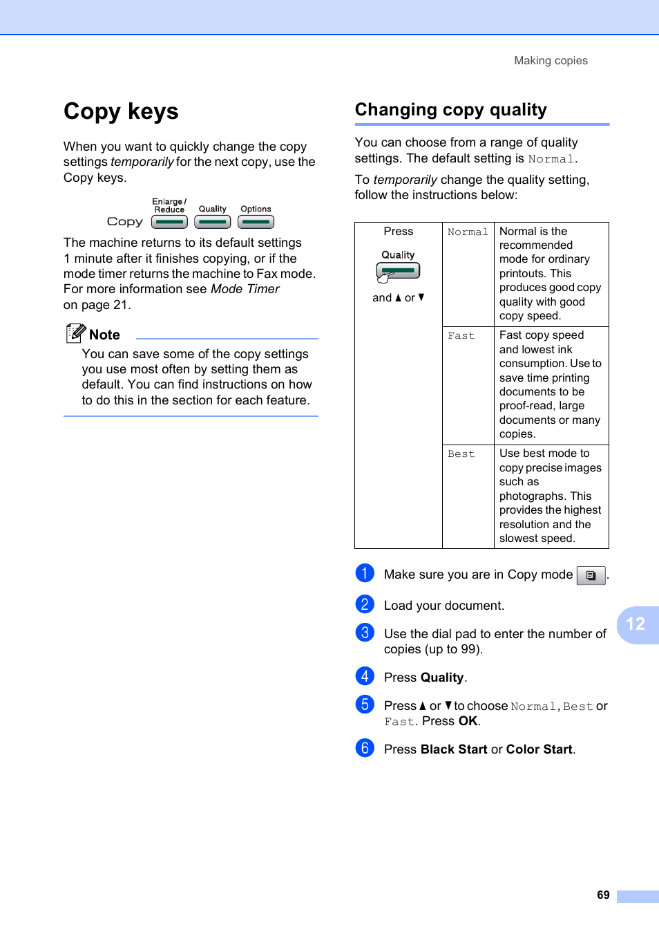 Copy keys, Changing copy quality | Brother MFC-5490CN User Manual | Page 83 / 182