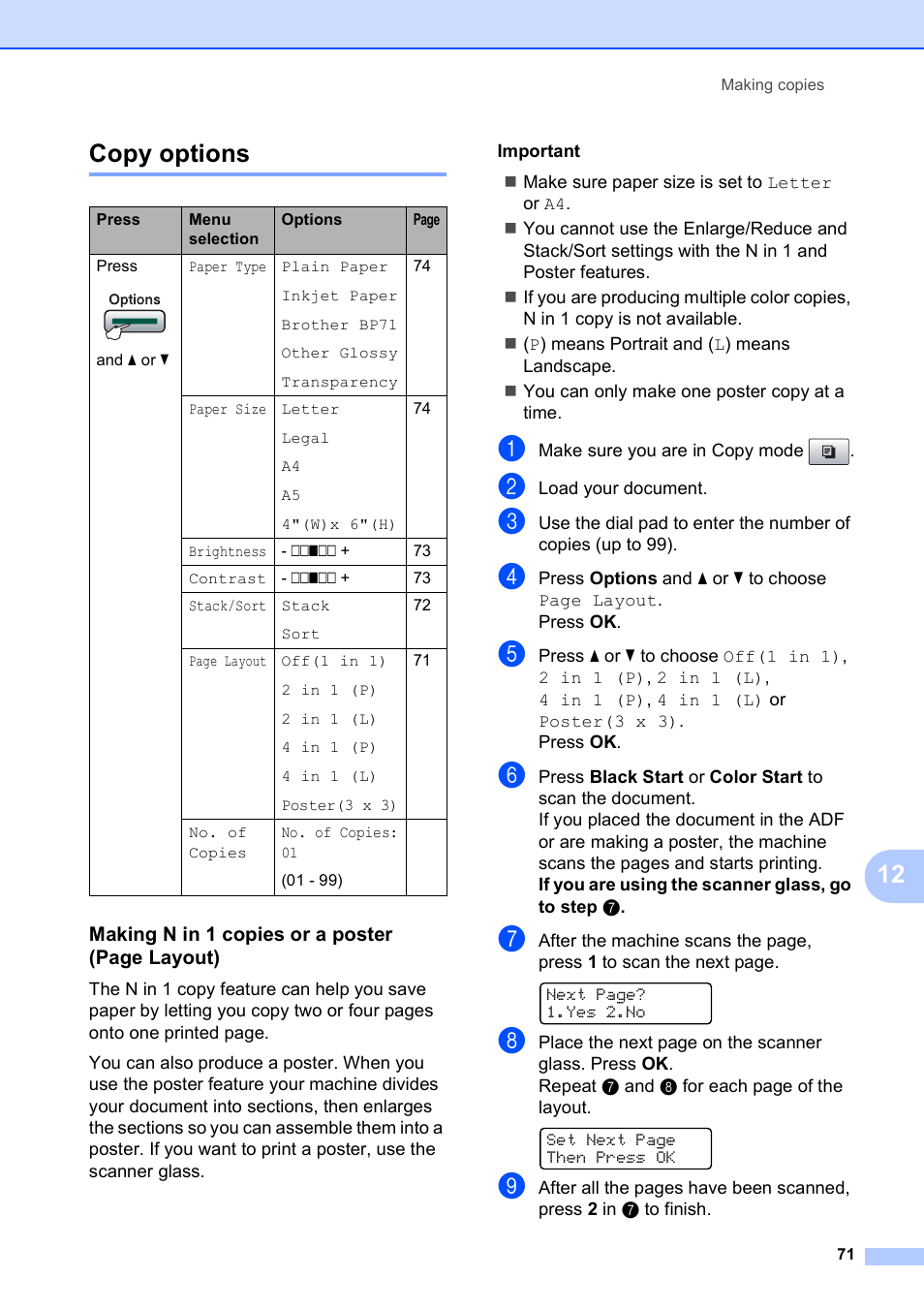 Copy options, 12 copy options | Brother MFC-5490CN User Manual | Page 85 / 182