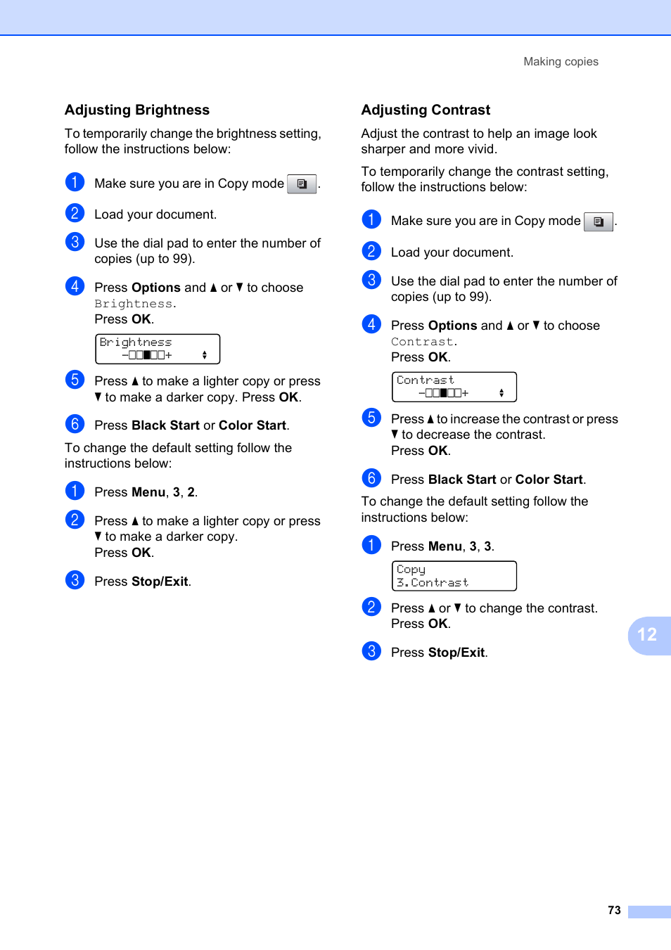 Adjusting brightness, Adjusting contrast | Brother MFC-5490CN User Manual | Page 87 / 182