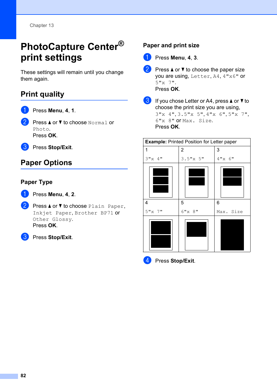 Photocapture center® print settings, Print quality, Paper options | Paper type, Paper and print size, Photocapture center, Print settings, Print quality paper options | Brother MFC-5490CN User Manual | Page 96 / 182