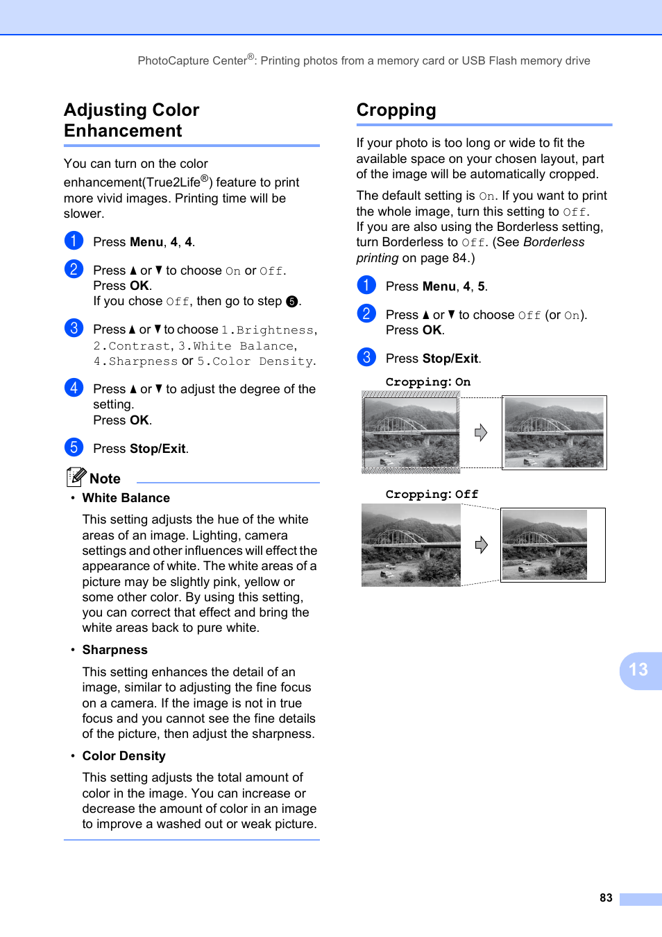 Adjusting color enhancement, Cropping, Adjusting color enhancement cropping | 13 adjusting color enhancement | Brother MFC-5490CN User Manual | Page 97 / 182