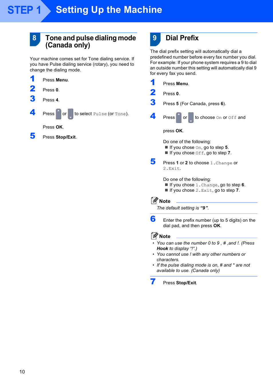 8 tone and pulse dialing mode (canada only), 9 dial prefix, Step 1 | Setting up the machine, 8tone and pulse dialing mode (canada only), 9dial prefix | Brother MFC-9450CDN User Manual | Page 12 / 34