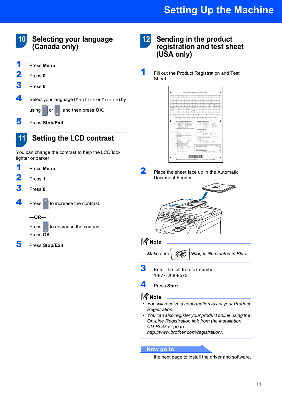 10 selecting your language (canada only), 11 setting the lcd contrast, Setting up the machine | Brother MFC-9450CDN User Manual | Page 13 / 34