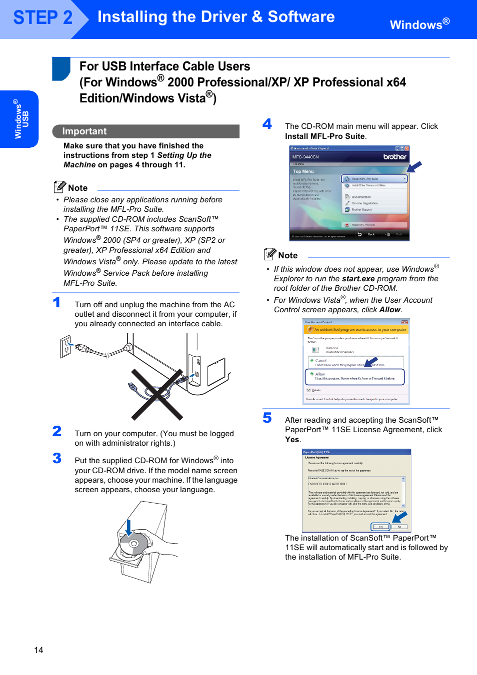 Windows, For usb interface cable users (for windows, For usb interface cable users | Step 2, Installing the driver & software, Important | Brother MFC-9450CDN User Manual | Page 16 / 34