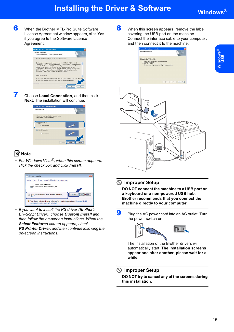 Installing the driver & software, Windows, Improper setup | Brother MFC-9450CDN User Manual | Page 17 / 34