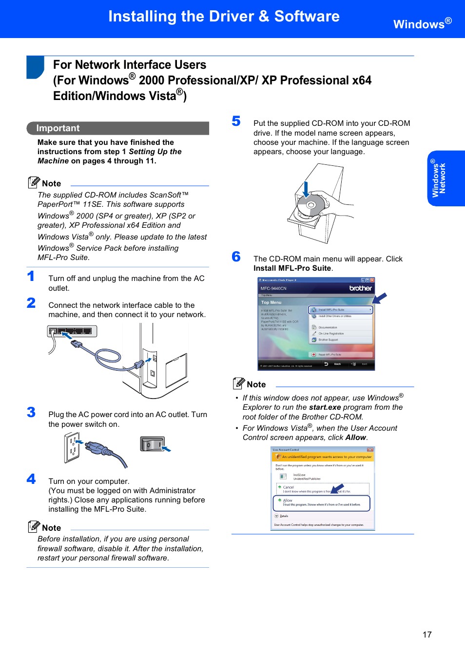 For network interface users (for windows, For network interface users, Installing the driver & software | Windows, Important | Brother MFC-9450CDN User Manual | Page 19 / 34