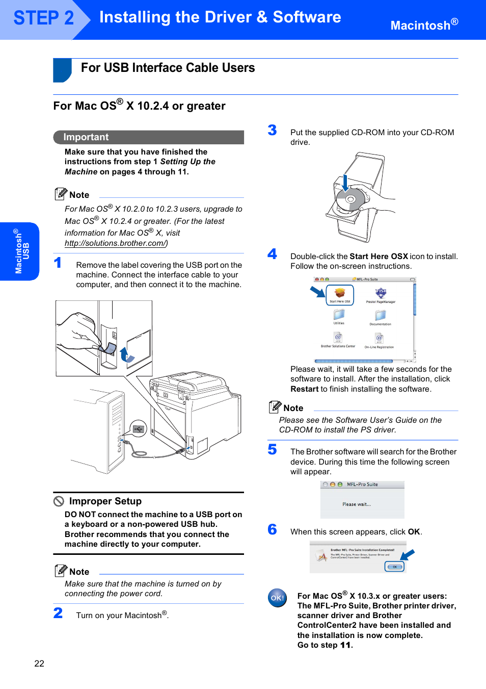 Macintosh, For usb interface cable users, For mac os® x 10.2.4 or greater | For mac os, X 10.2.4 or greater, Step 2, Installing the driver & software, Important, Improper setup | Brother MFC-9450CDN User Manual | Page 24 / 34
