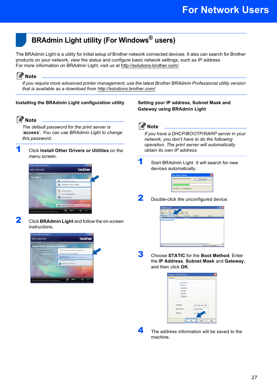 For network users, Bradmin light utility (for windows® users), Installing the bradmin light configuration utility | Bradmin light utility (for windows, Users) | Brother MFC-9450CDN User Manual | Page 29 / 34