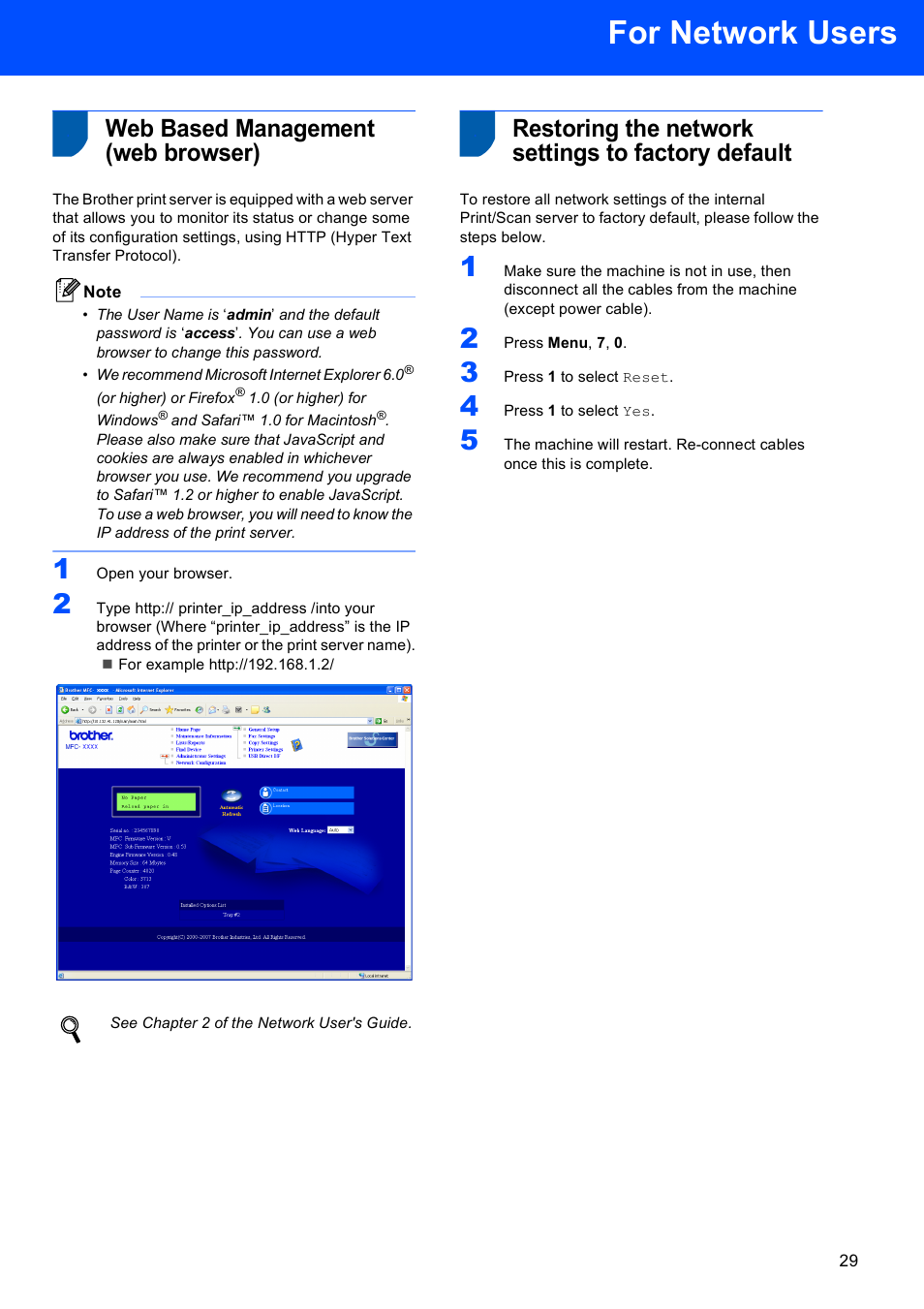 Web based management (web browser), Restoring the network settings to factory default, For network users | Brother MFC-9450CDN User Manual | Page 31 / 34