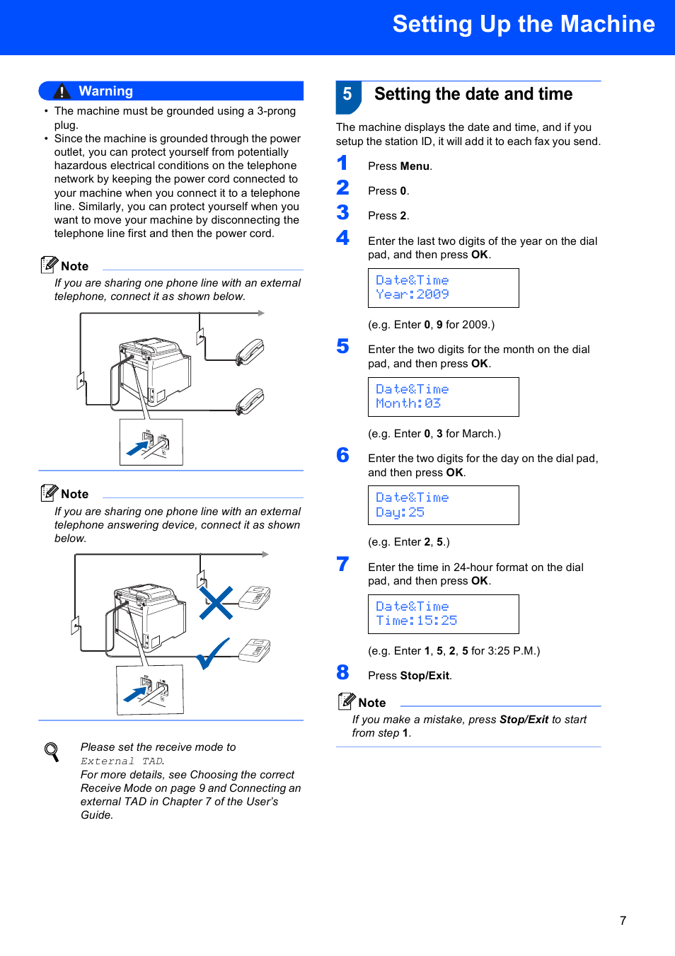 5 setting the date and time, Setting the date and time, Setting up the machine | 5setting the date and time, Date&time year:2009, Date&time month:03, Date&time day:25, Date&time time:15:25 | Brother MFC-9450CDN User Manual | Page 9 / 34