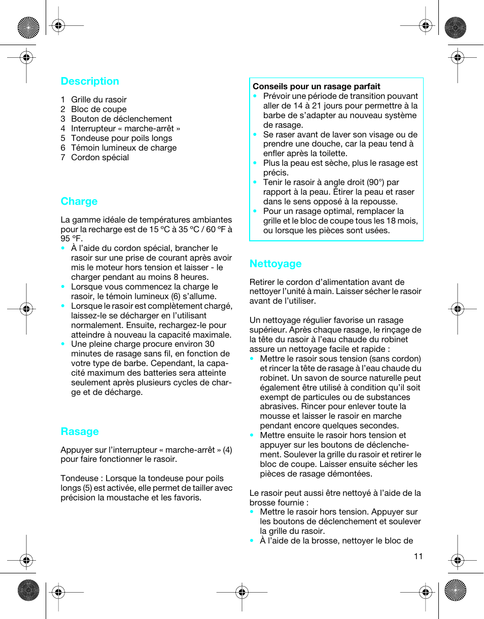 Description, Charge, Rasage | Nettoyage | Braun 4736 TriControl User Manual | Page 11 / 18