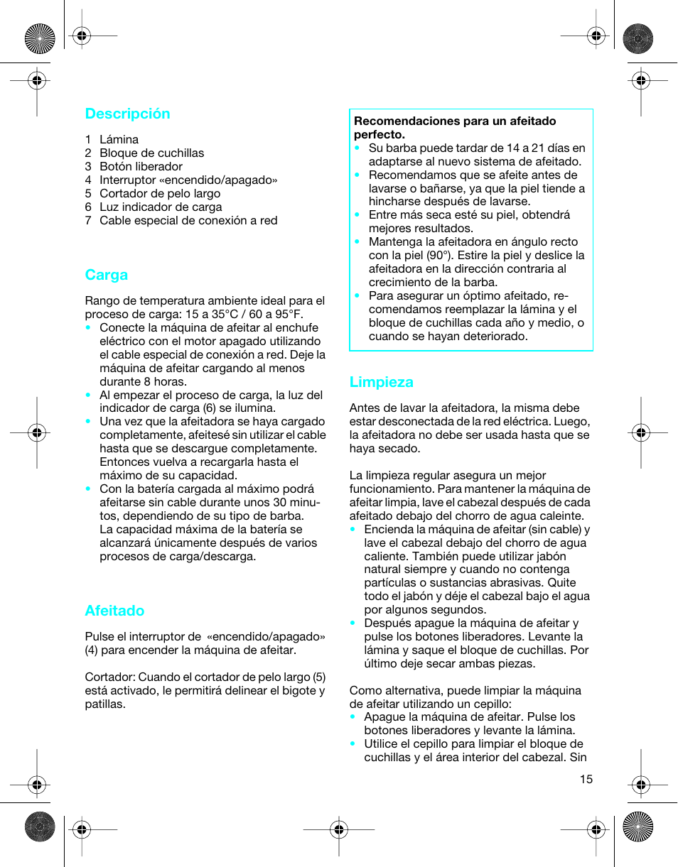 Descripción, Carga, Afeitado | Limpieza | Braun 4736 TriControl User Manual | Page 15 / 18
