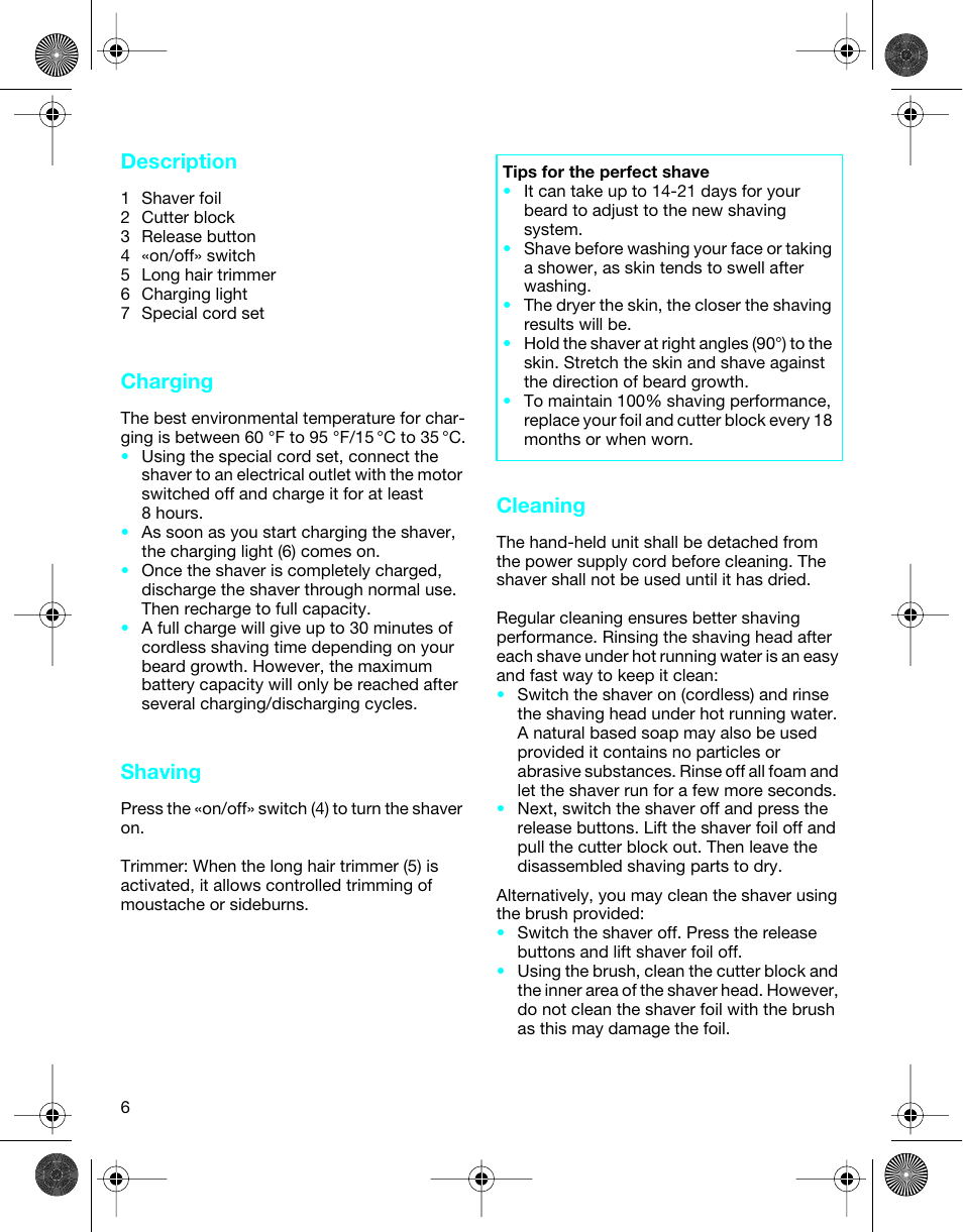 Description, Charging, Shaving | Cleaning | Braun 4736 TriControl User Manual | Page 6 / 18
