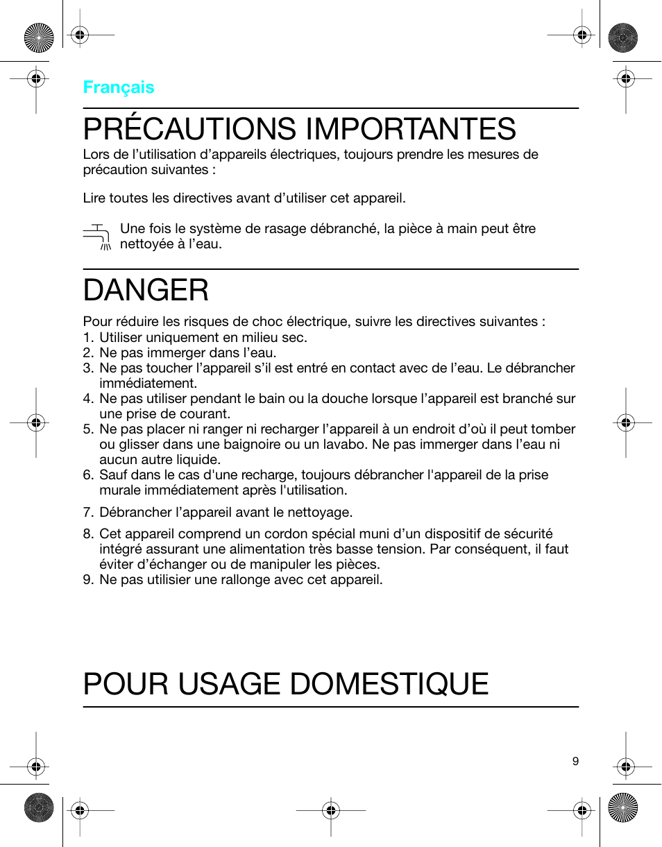 Précautions importantes, Danger, Pour usage domestique | Braun 4736 TriControl User Manual | Page 9 / 18