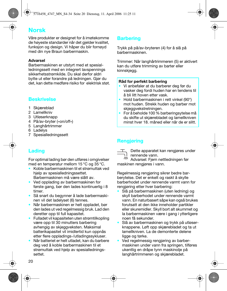Norsk, Beskrivelse, Lading | Barbering, Rengjøring | Braun 4747 TriControl S User Manual | Page 20 / 30