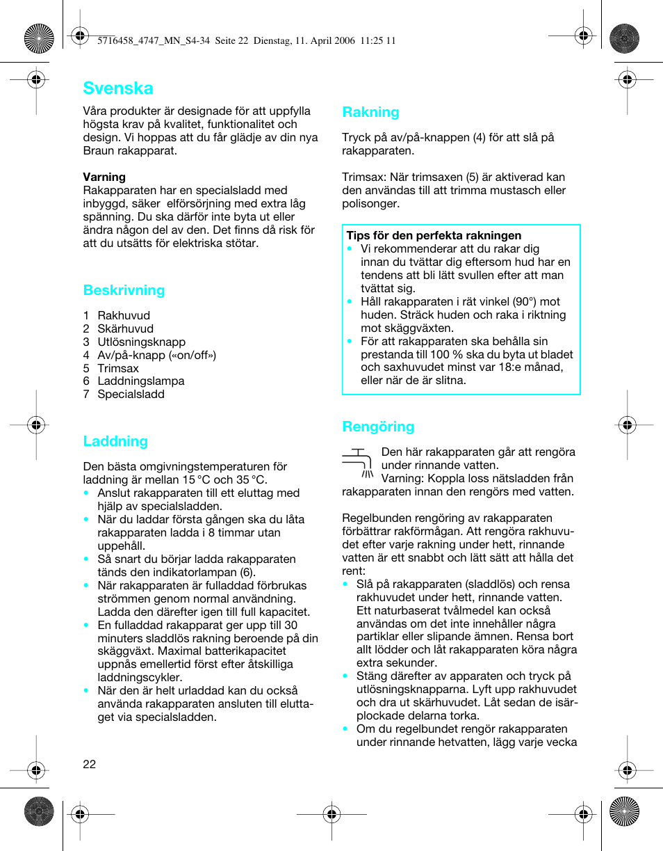 Svenska, Beskrivning, Laddning | Rakning, Rengöring | Braun 4747 TriControl S User Manual | Page 22 / 30