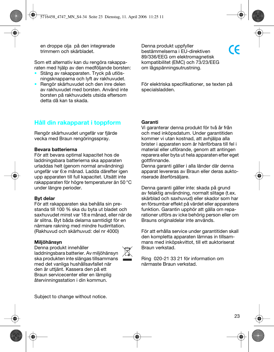 Håll din rakapparat i toppform | Braun 4747 TriControl S User Manual | Page 23 / 30