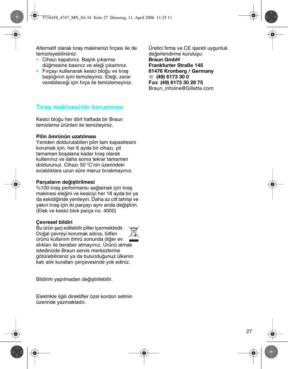 T∂raµ makinesinin korunmas | Braun 4747 TriControl S User Manual | Page 27 / 30