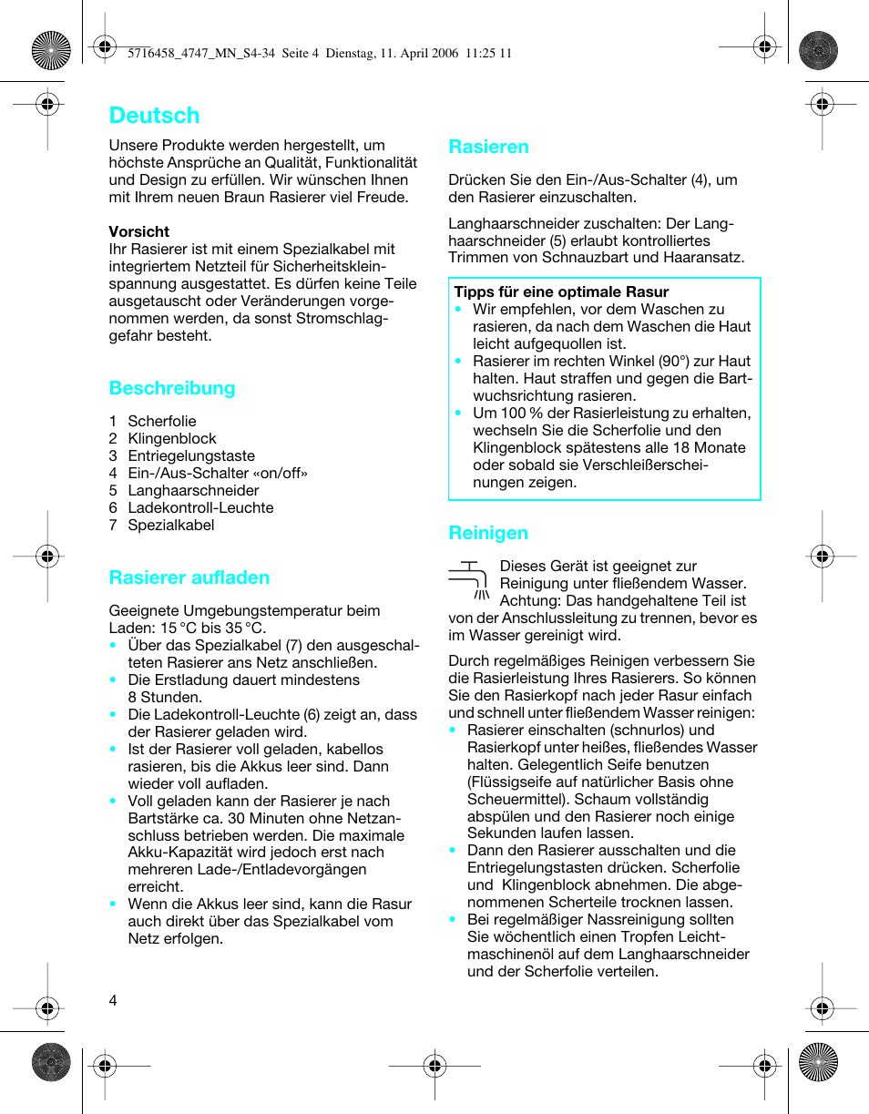 Deutsch, Beschreibung, Rasierer aufladen | Rasieren, Reinigen | Braun 4747 TriControl S User Manual | Page 4 / 30