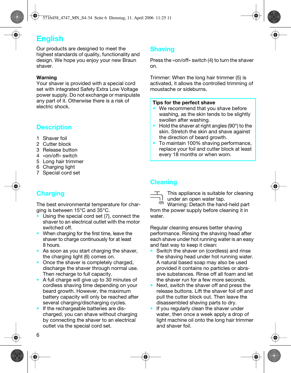 English, Description, Charging | Shaving, Cleaning | Braun 4747 TriControl S User Manual | Page 6 / 30