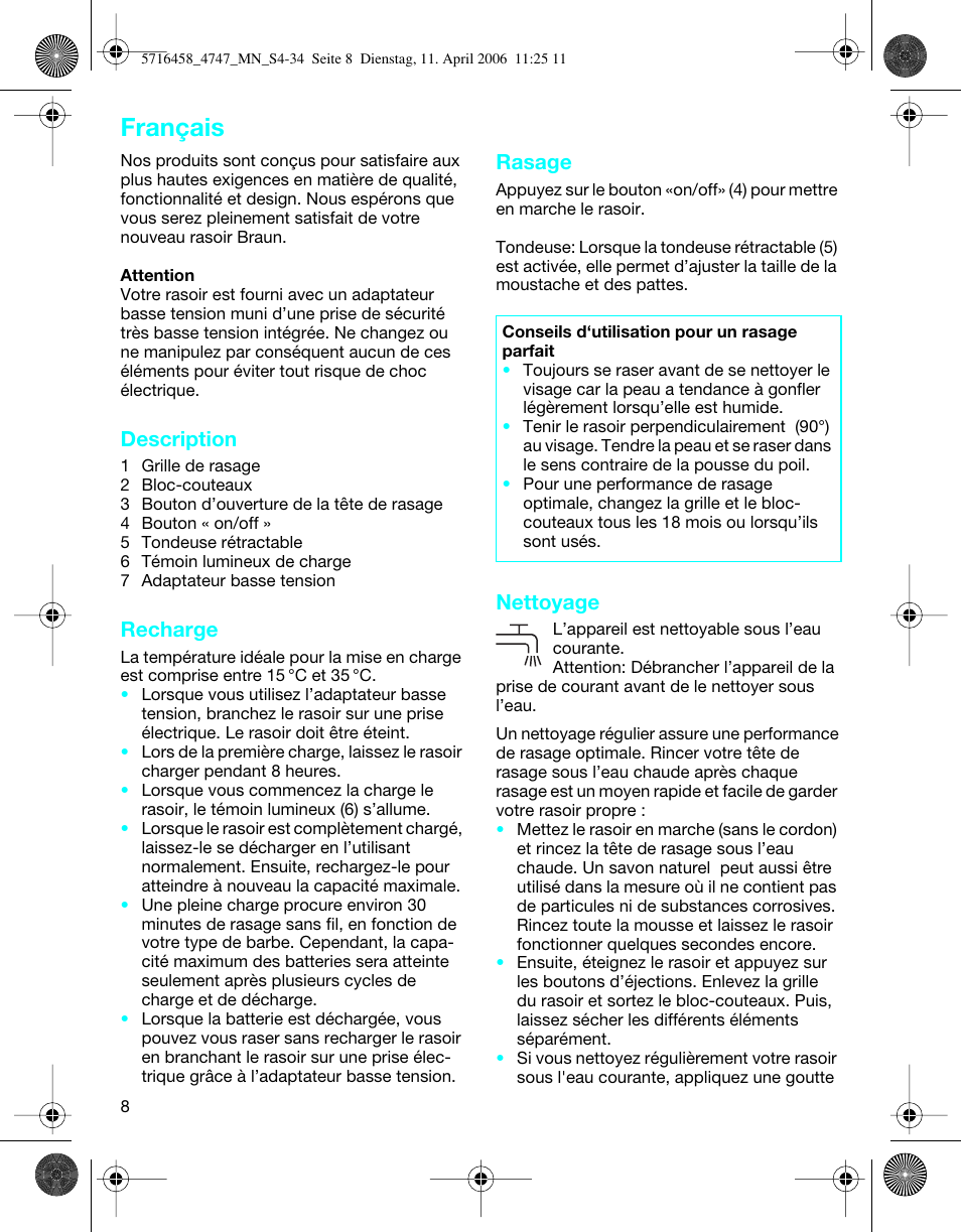 Français, Description, Recharge | Rasage, Nettoyage | Braun 4747 TriControl S User Manual | Page 8 / 30