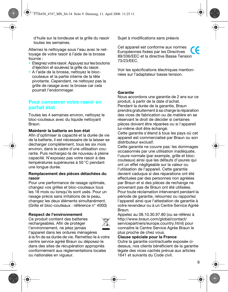 Pour conserver votre rasoir en parfait état | Braun 4747 TriControl S User Manual | Page 9 / 30