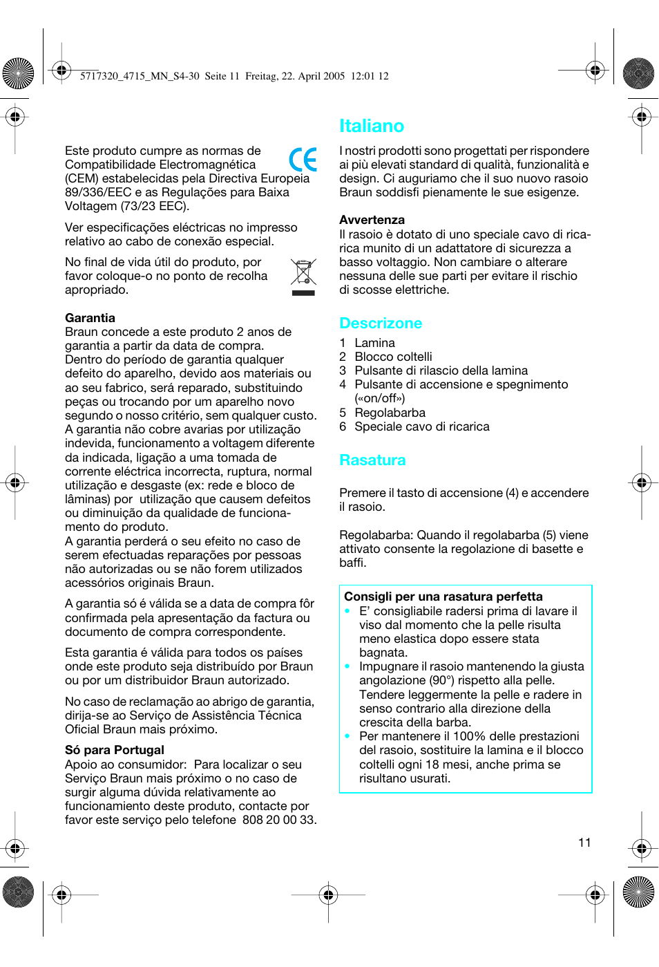 Italiano, Descrizone, Rasatura | Braun 4715 TriControl User Manual | Page 11 / 30