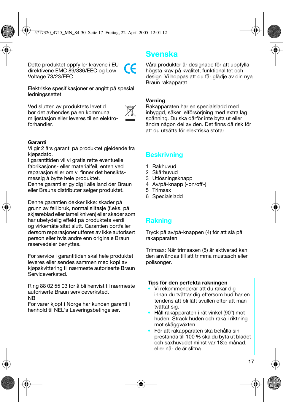 Svenska, Beskrivning, Rakning | Braun 4715 TriControl User Manual | Page 17 / 30