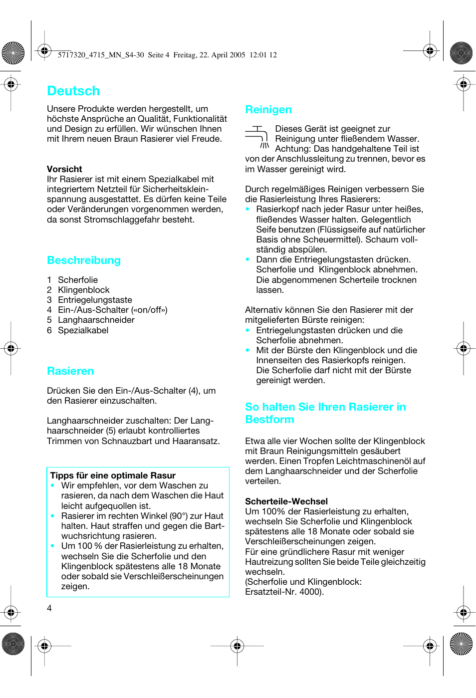 Deutsch, Beschreibung, Rasieren | Reinigen, So halten sie ihren rasierer in bestform | Braun 4715 TriControl User Manual | Page 4 / 30