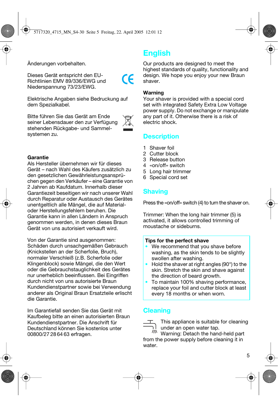 English, Description, Shaving | Cleaning | Braun 4715 TriControl User Manual | Page 5 / 30
