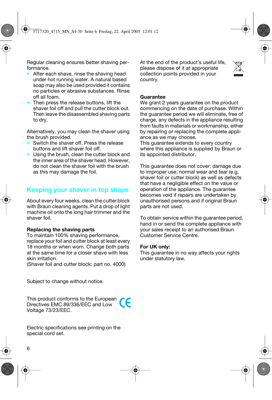Keeping your shaver in top shape | Braun 4715 TriControl User Manual | Page 6 / 30
