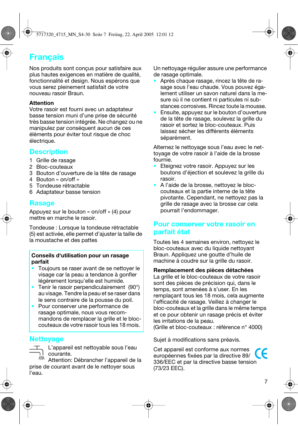 Français, Description, Rasage | Nettoyage, Pour conserver votre rasoir en parfait état | Braun 4715 TriControl User Manual | Page 7 / 30