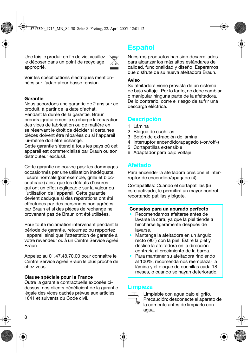 Español, Descripción, Afeitado | Limpieza | Braun 4715 TriControl User Manual | Page 8 / 30