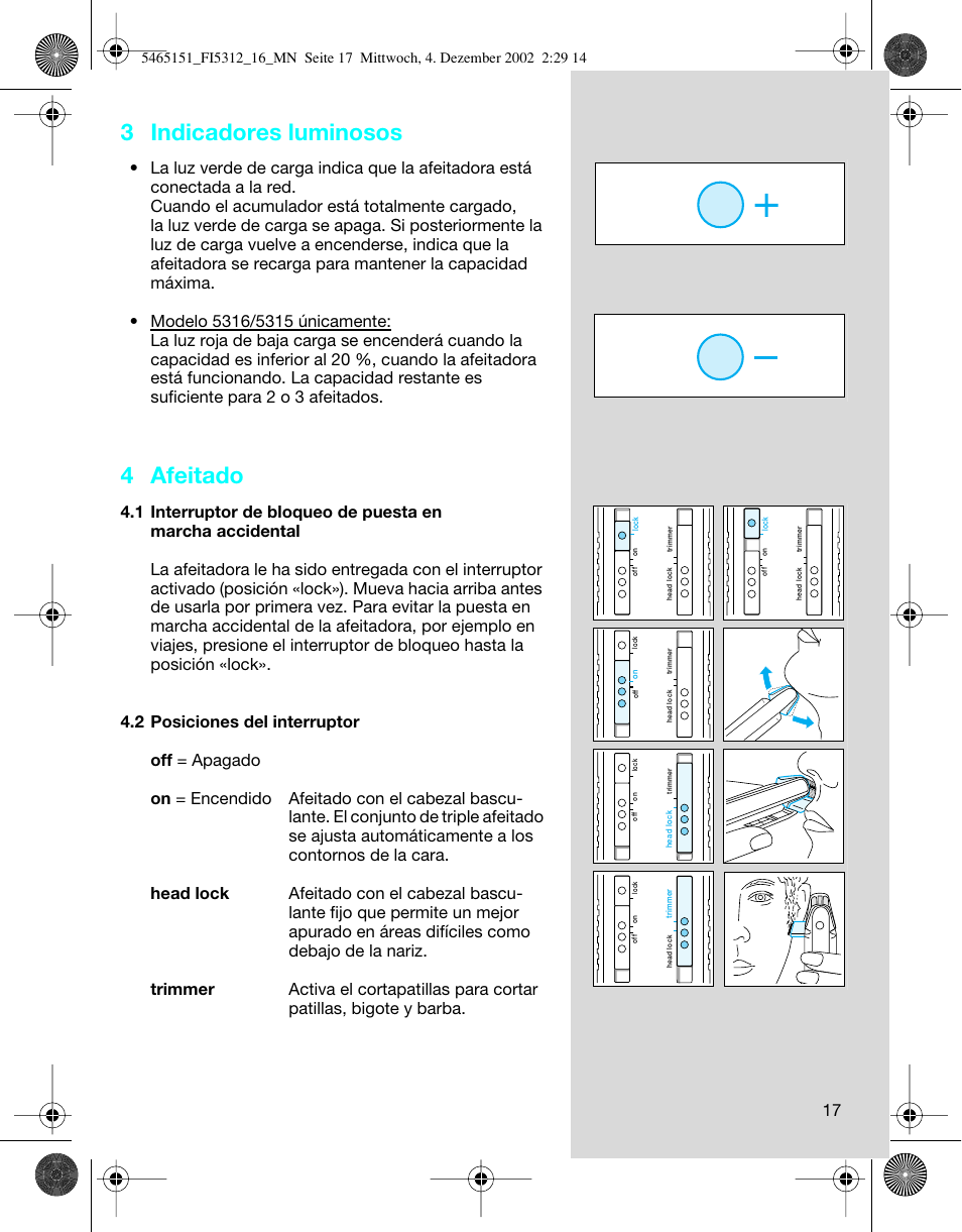3 indicadores luminosos, 4 afeitado | Braun 5312-5465 Flex Integral User Manual | Page 17 / 76
